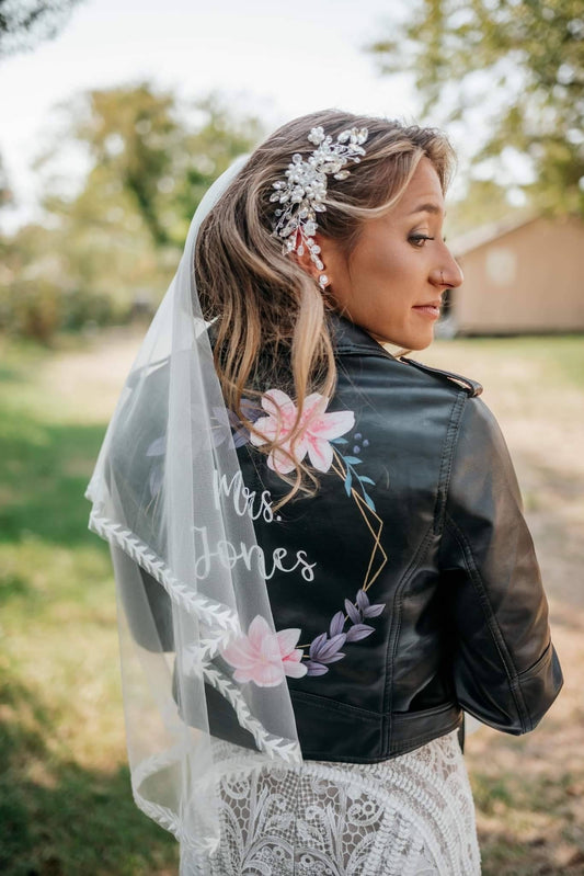 Hand-painted bridal jacket for backyard garden wedding