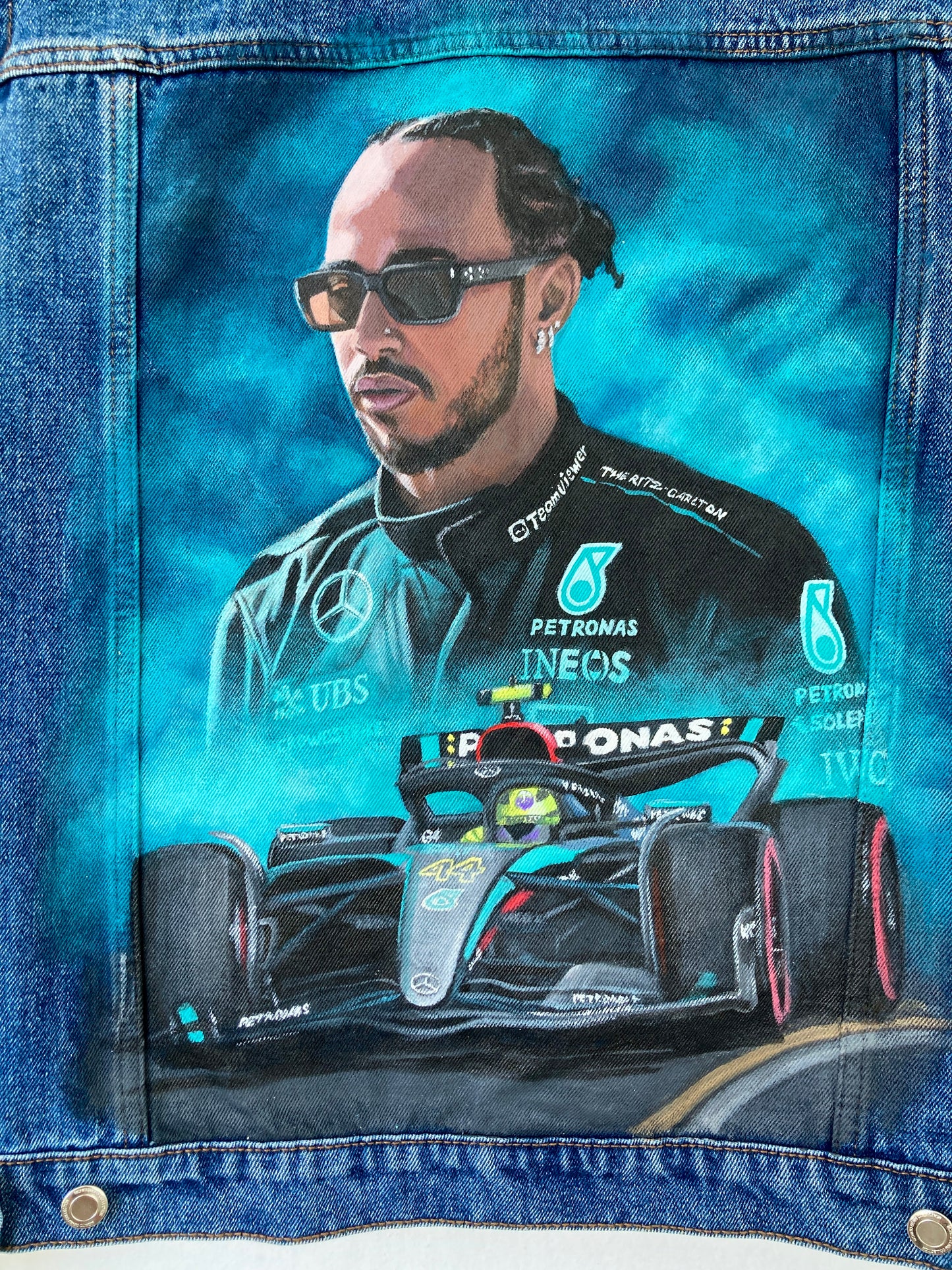 Custom painted denim jacket, racer denim jacket, race custom jacket, painted jean jacket, racing driver gift.