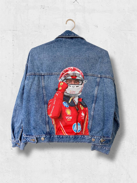 Racer denim jacket, Custom painted denim jacket, race custom jacket, painted jean jacket, racing driver gift.