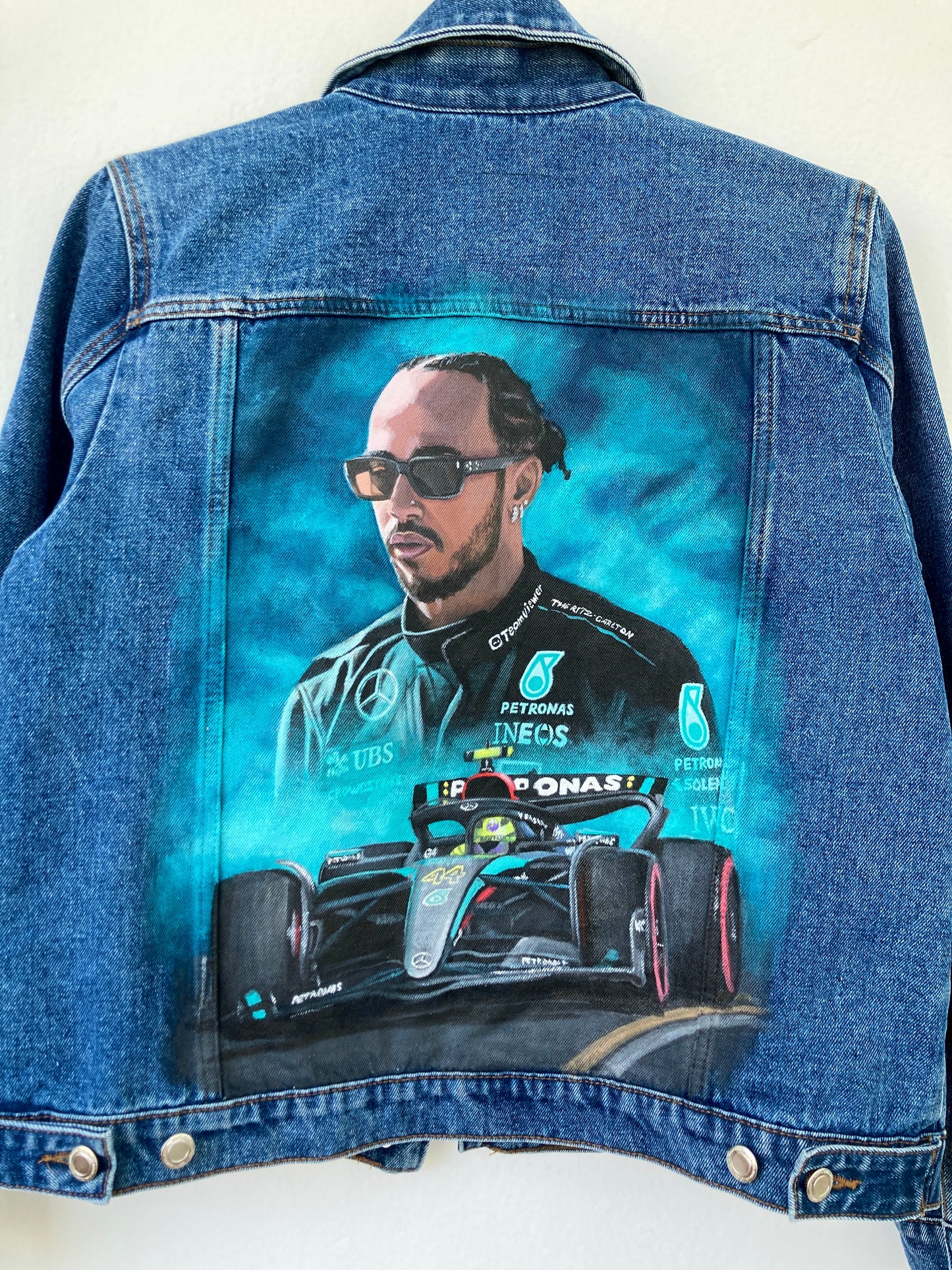 Custom painted denim jacket, racer denim jacket, race custom jacket, painted jean jacket, racing driver gift.