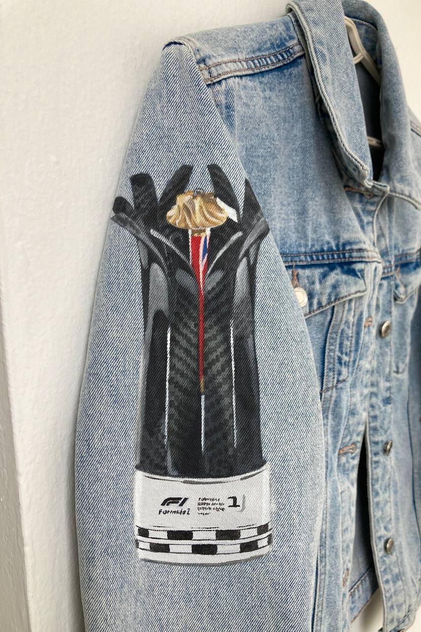 Hand-Painted Denim Jacket – Racing-Inspired Art Piece, Grand Prix Inspired Personalized Jean Jacket