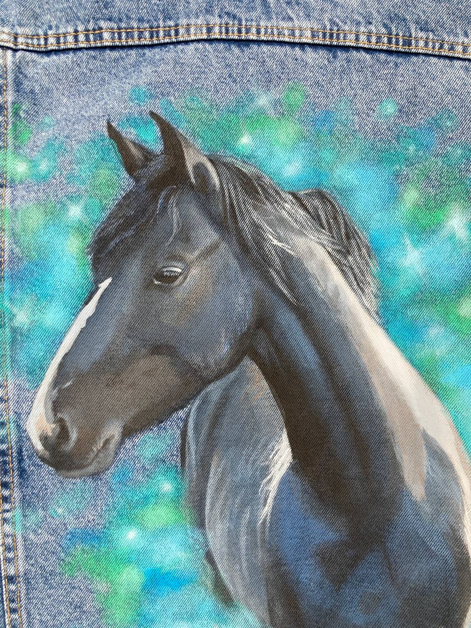 Painted denim jacket, custom jean jacket, horse gift, gift for horse lover, horse denim jacket, cowgirl jacket.