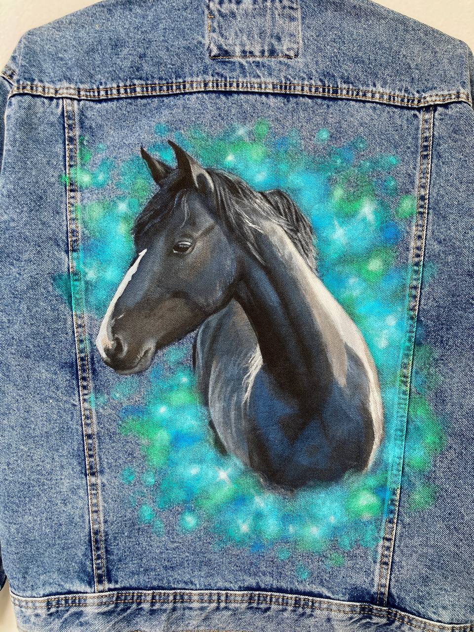 Painted denim jacket, custom jean jacket, horse gift, gift for horse lover, horse denim jacket, cowgirl jacket.