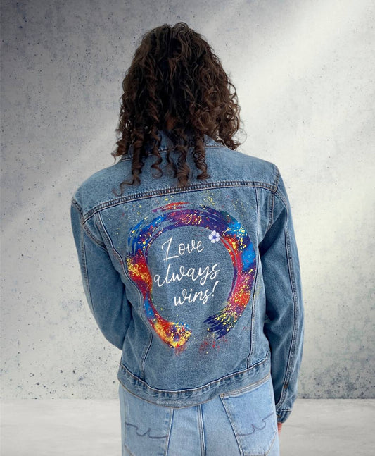 Bride jean jacket, Painted custom denim jacket, wedding denim jacket, lesbian wedding jacket, lesbian bride jacket, custom jean jacket, pride jean jacket.