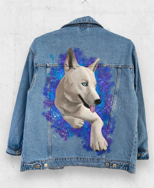 Custom Hand Painted Denim Jacket with Dog Portrait | Personalized Pet Art Jacket