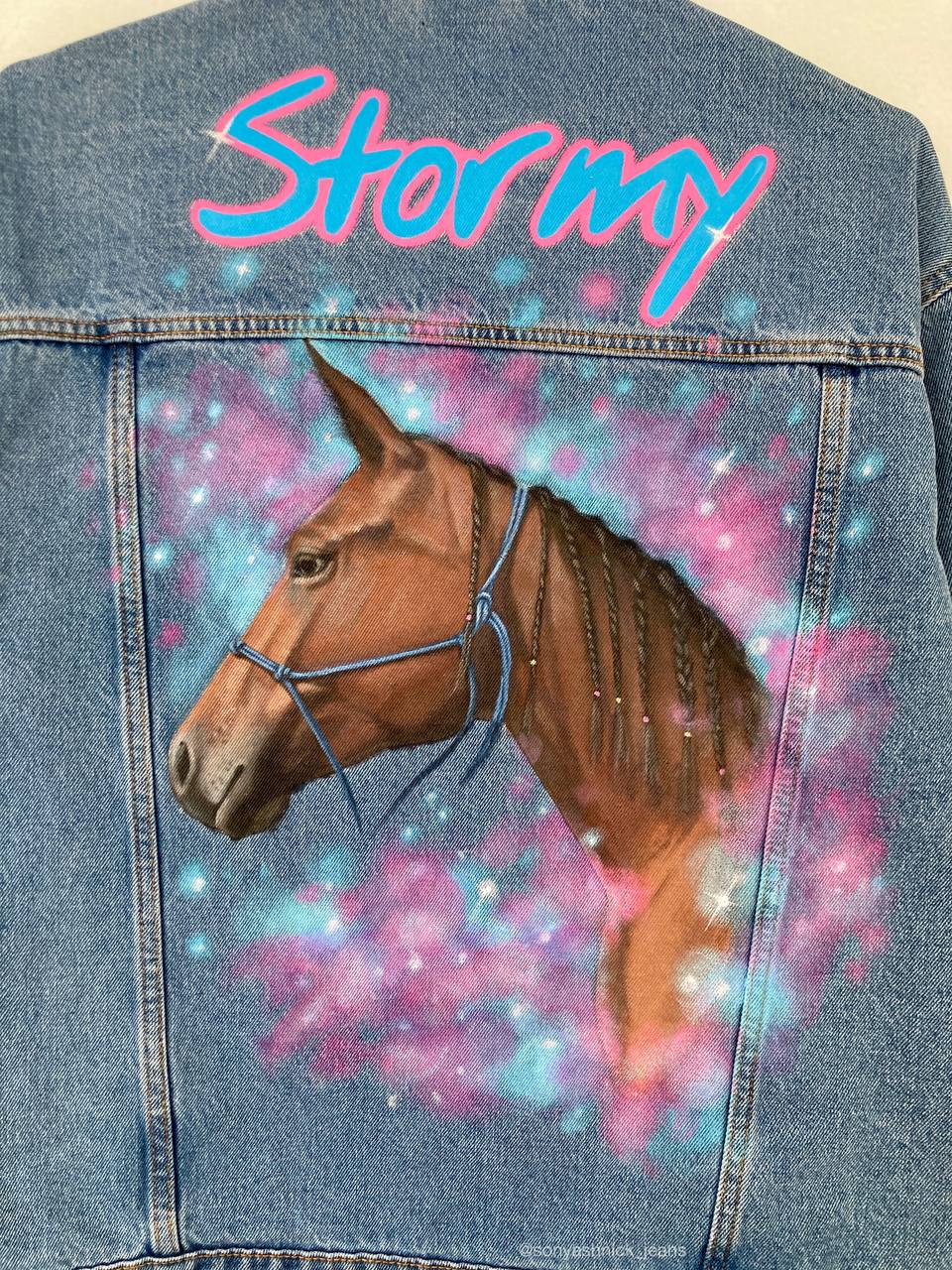 Painted denim jacket, custom jean jacket, horse gift, gift for horse lover, horse denim jacket, cowgirl jacket.