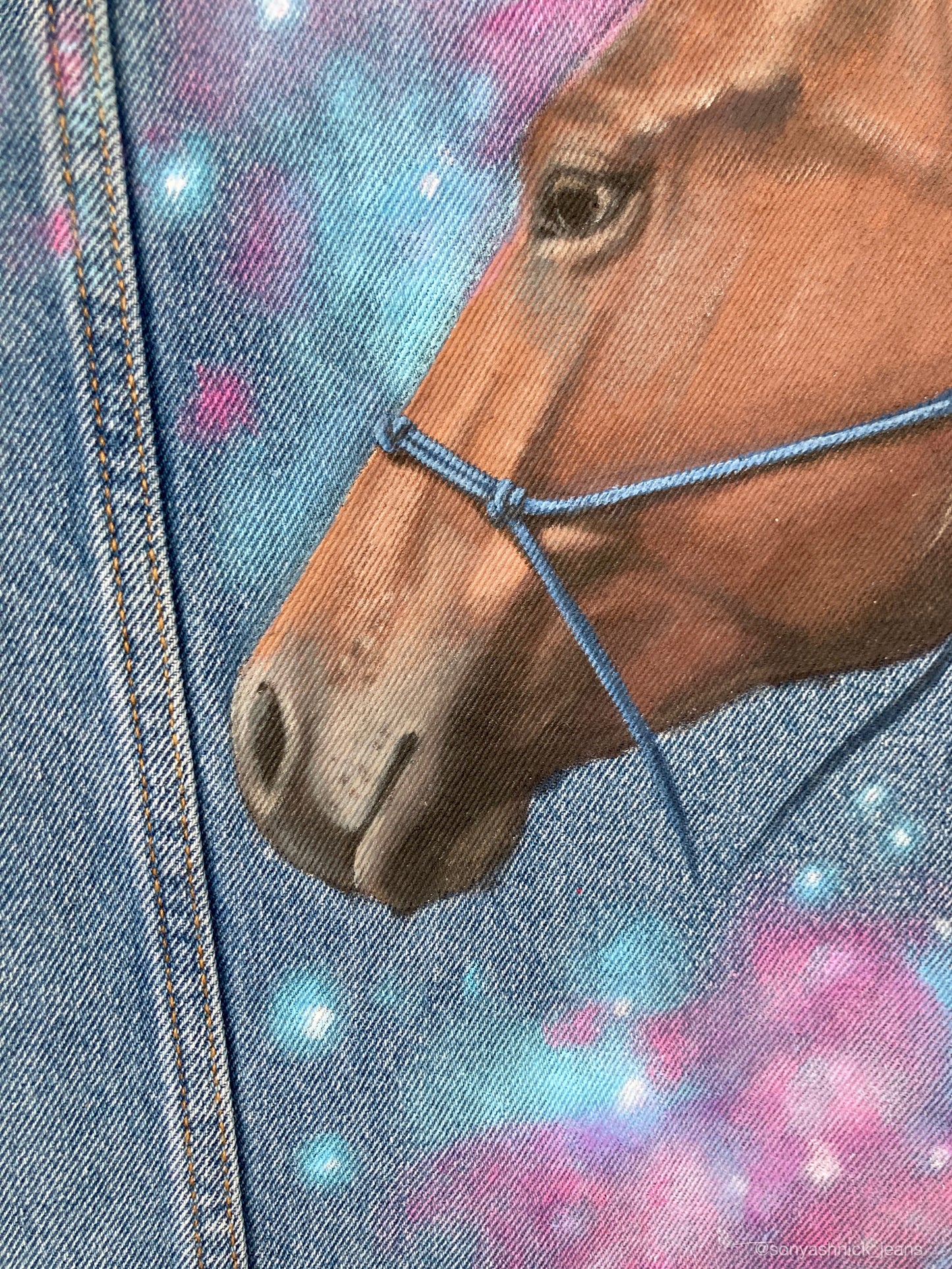 Painted denim jacket, custom jean jacket, horse gift, gift for horse lover, horse denim jacket, cowgirl jacket.