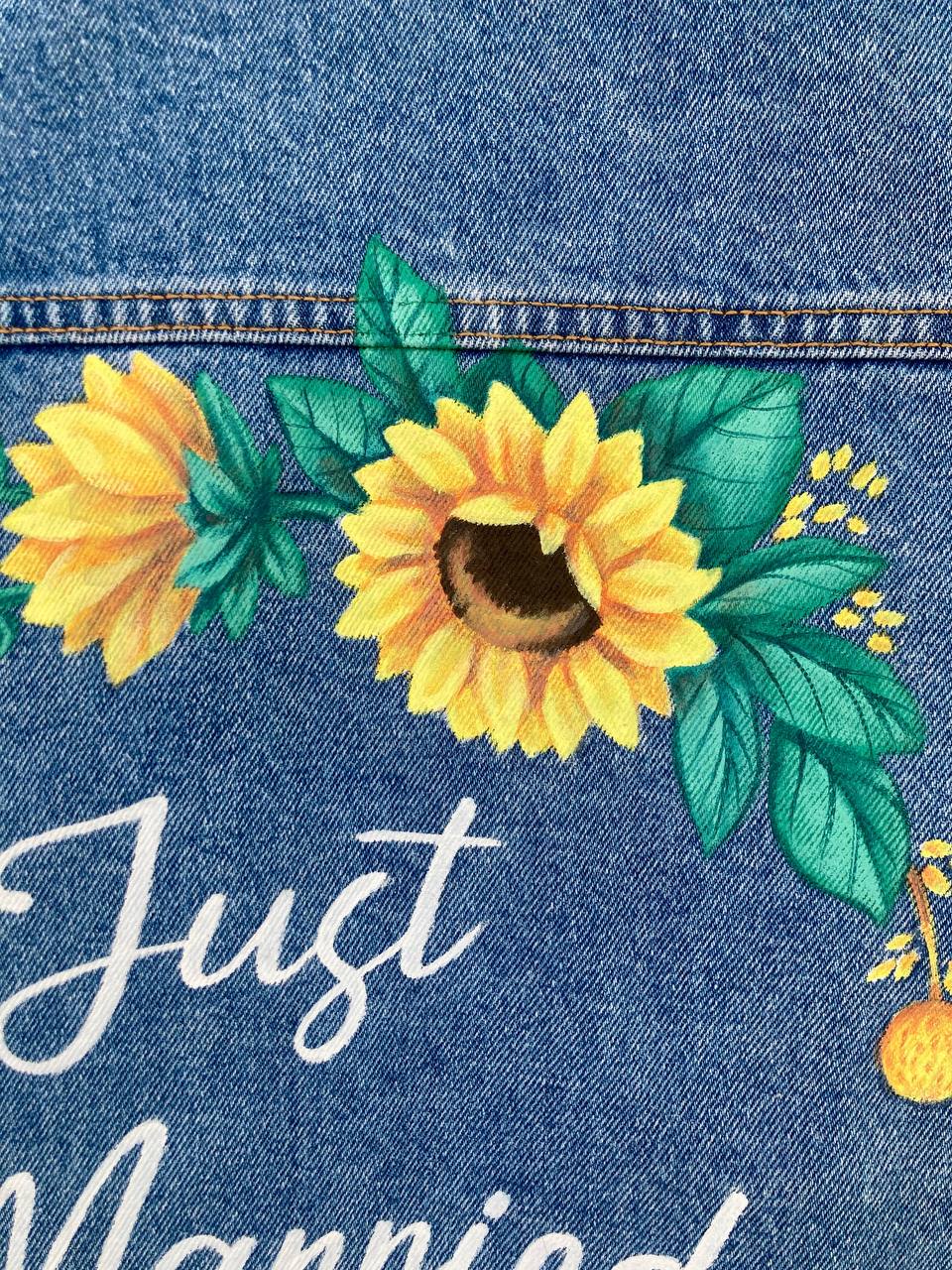 Bride jean jacket, sunflowers bridal denim jacket, Mrs denim jacket, wedding jean jacket.