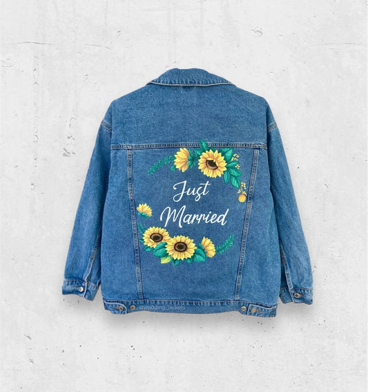 Bride jean jacket, sunflowers bridal denim jacket, Mrs denim jacket, wedding jean jacket.