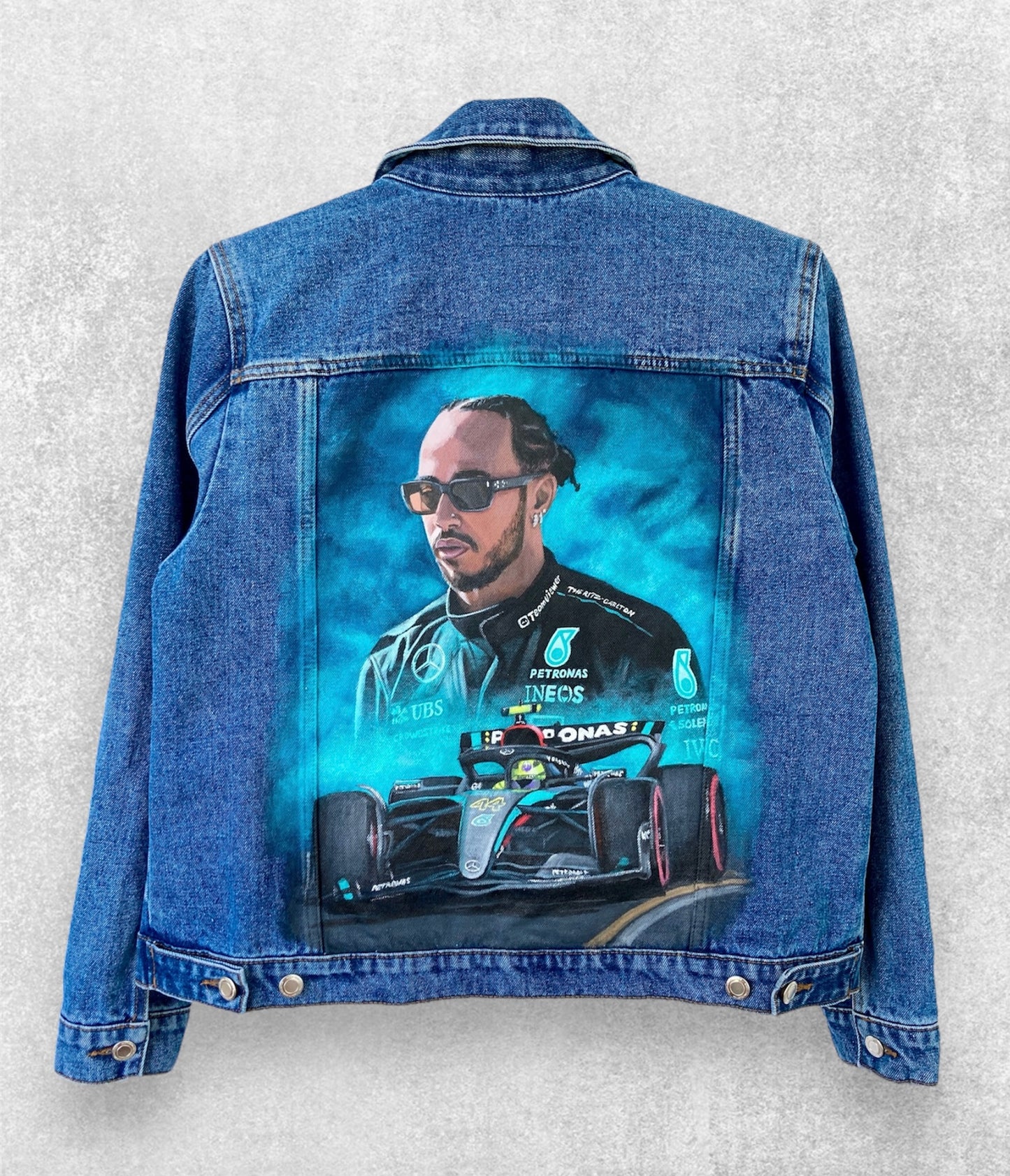 Custom painted denim jacket, racer denim jacket, race custom jacket, painted jean jacket, racing driver gift.