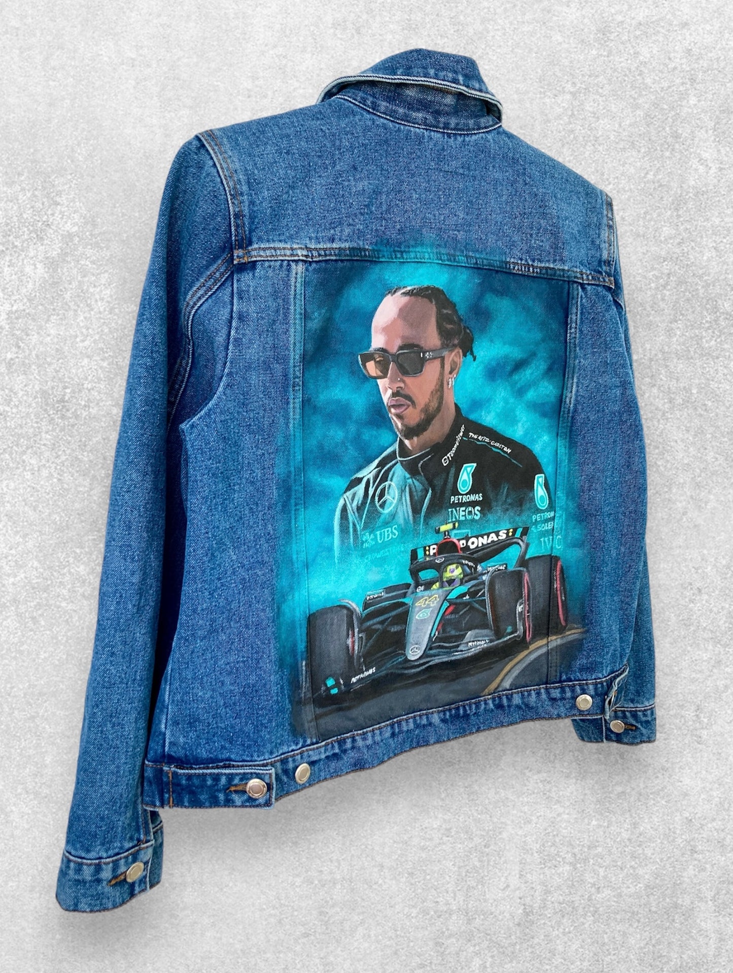 Custom painted denim jacket, racer denim jacket, race custom jacket, painted jean jacket, racing driver gift.