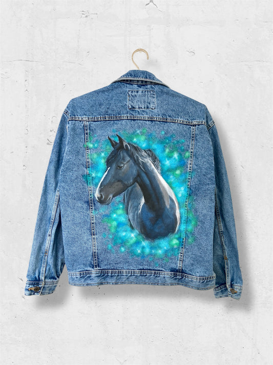 Painted denim jacket, custom jean jacket, horse gift, gift for horse lover, horse denim jacket, cowgirl jacket.