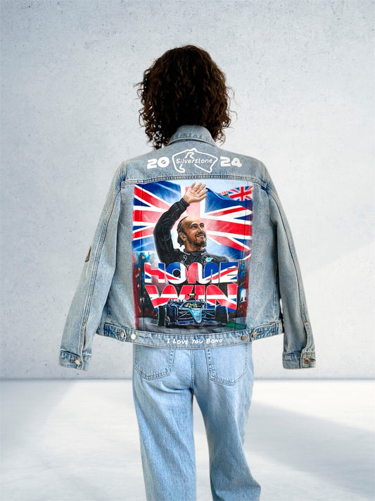 Hand-Painted Denim Jacket – Racing-Inspired Art Piece, Grand Prix Inspired Personalized Jean Jacket