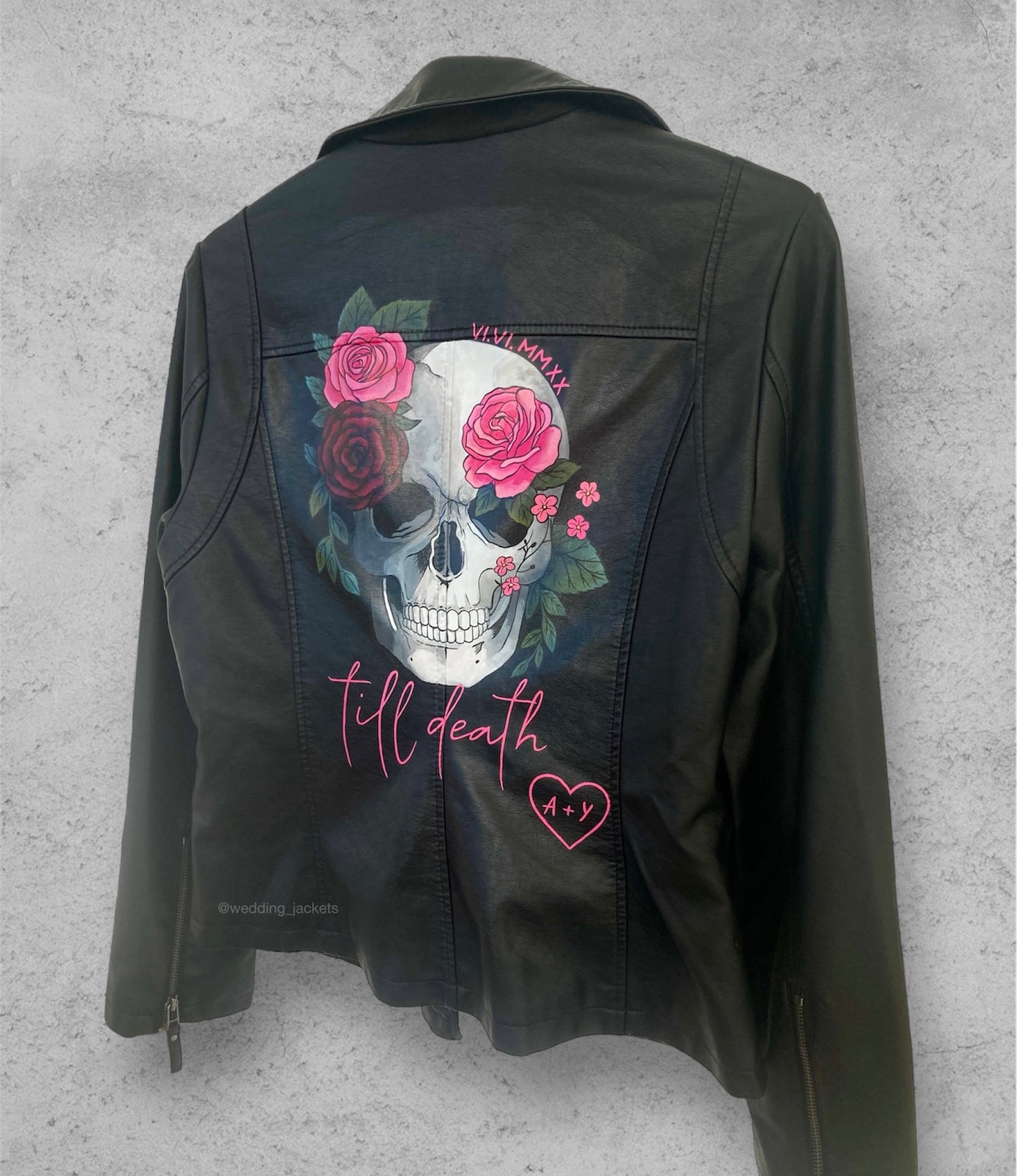 Skull bride jacket, painted leather bridal jacket, wedding leather jacket for bride.