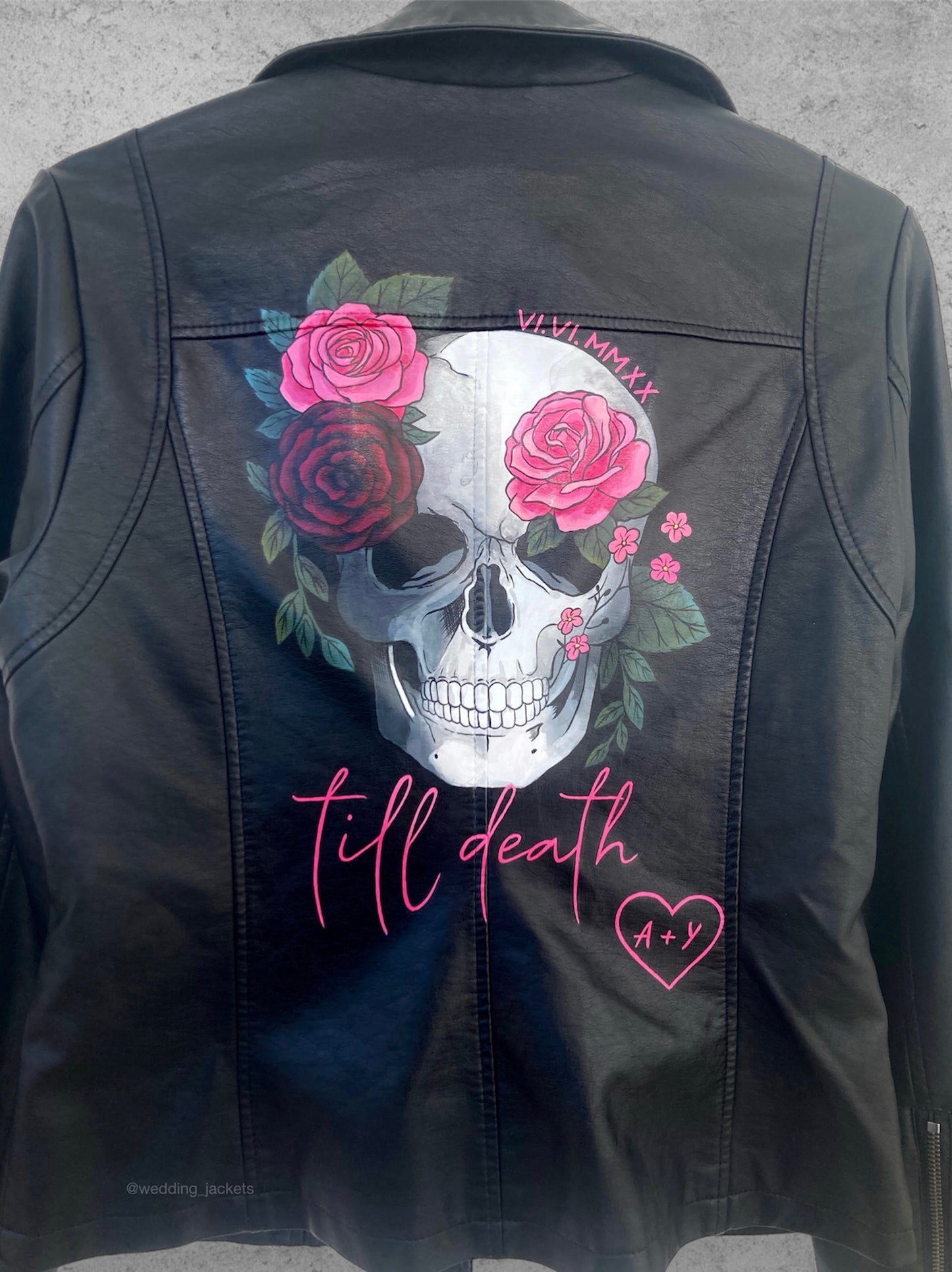 Skull bride jacket, painted leather bridal jacket, wedding leather jacket for bride.