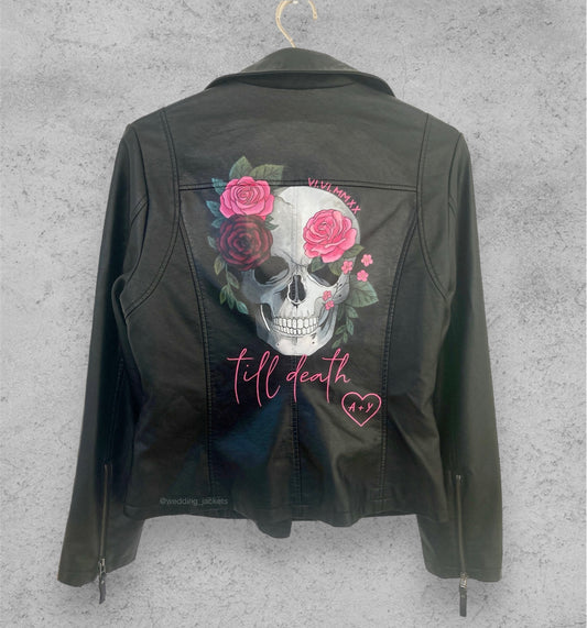 Skull bride jacket, painted leather bridal jacket, wedding leather jacket for bride.