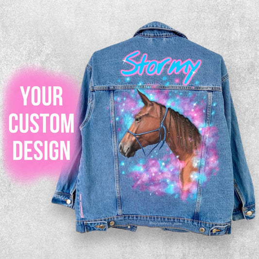 Painted denim jacket, custom jean jacket, horse gift, gift for horse lover, horse denim jacket, cowgirl jacket.