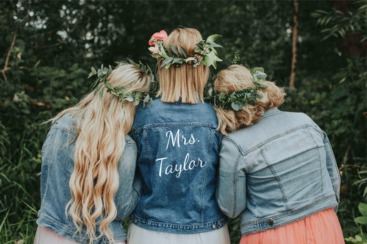 Hand painted wedding denim jacket, bride denim jacket